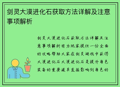剑灵大漠进化石获取方法详解及注意事项解析