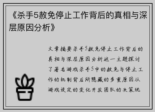 《杀手5赦免停止工作背后的真相与深层原因分析》